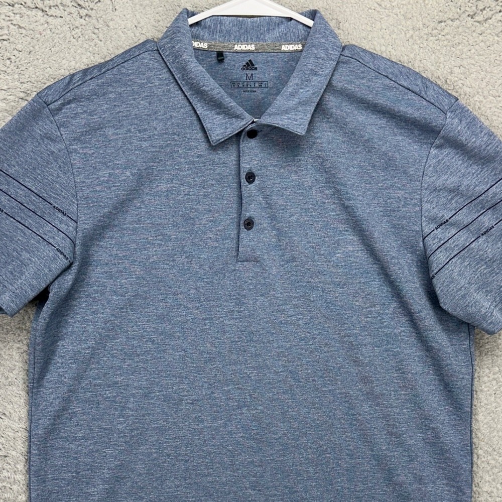 Adidas Mens Polo Shirt Medium Blue 3 Stripe Logo Performance Golf Rugby Athletic